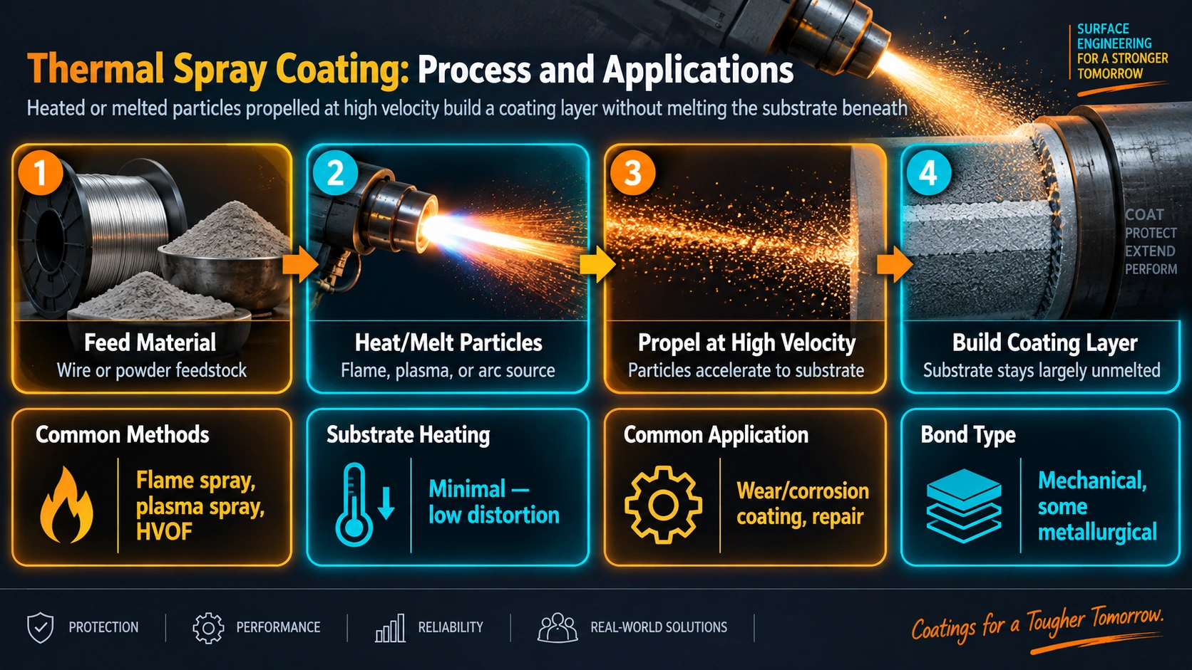 Thermal spray coating process from feedstock to coating layer