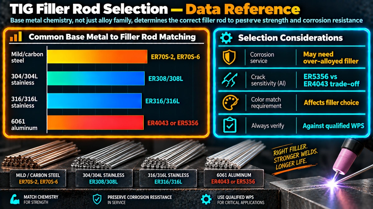 Common base metal to TIG filler rod matching and selection considerations