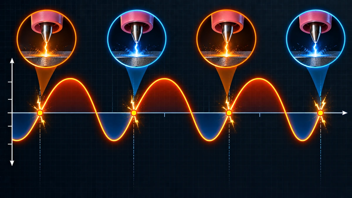 Technical illustration of an AC TIG current waveform showing polarity reversal points where high frequency helps reignite the arc