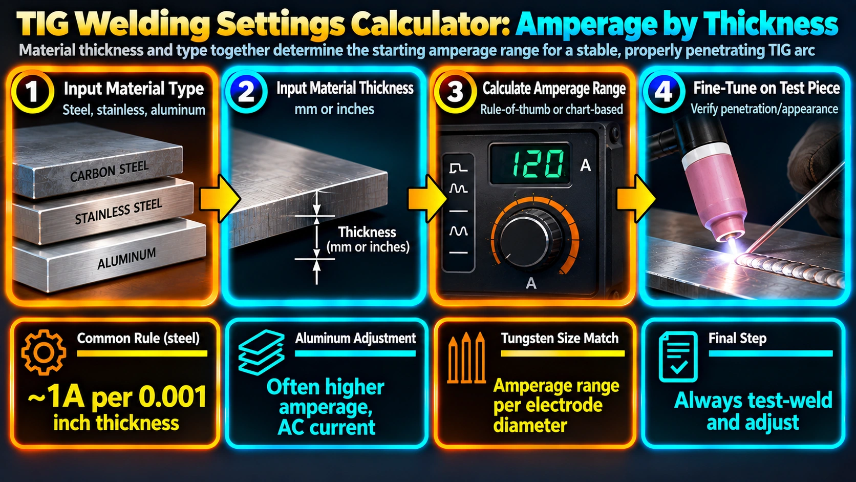 TIG welding settings calculator process by material thickness