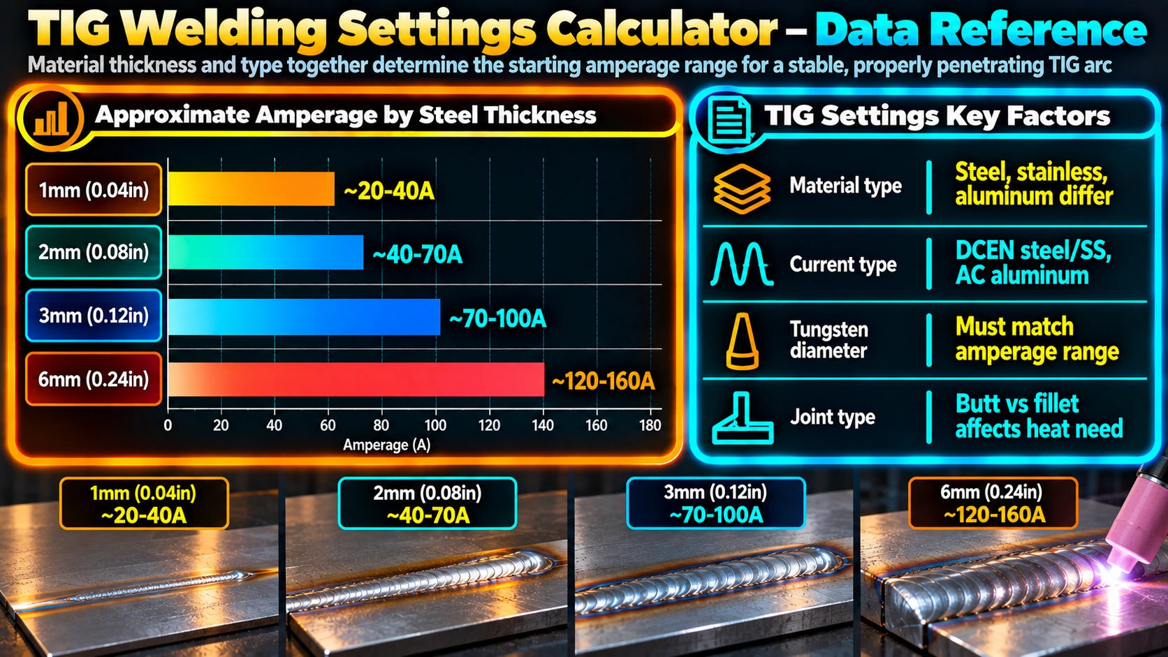 Approximate TIG amperage by steel thickness and key settings factors