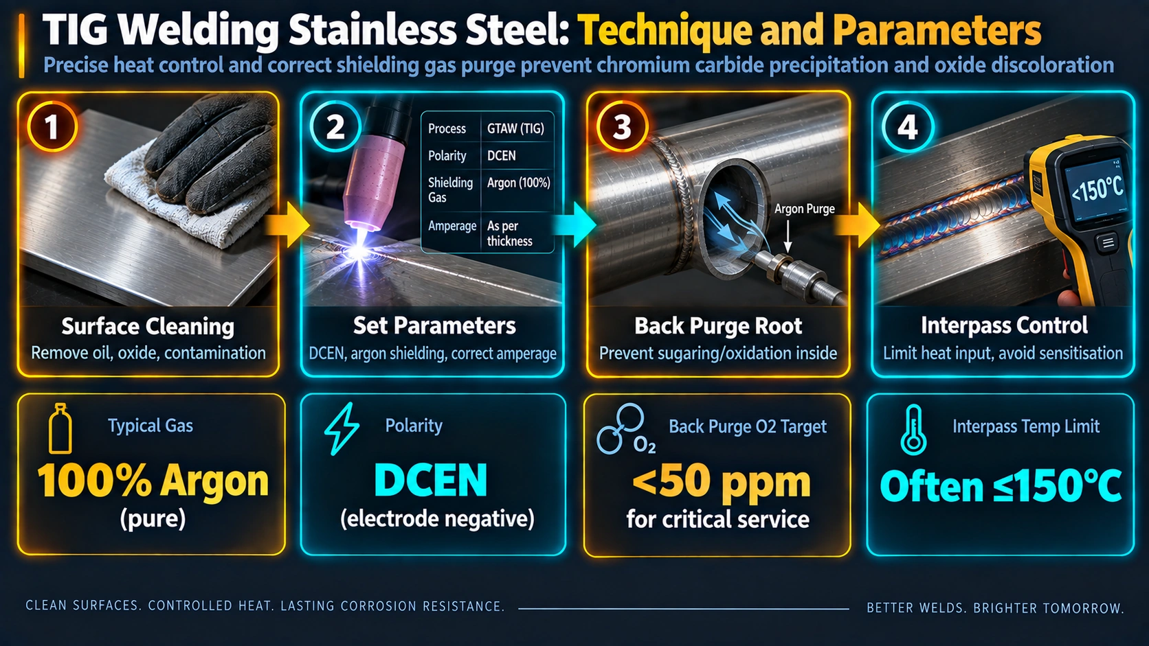TIG welding stainless steel procedure from cleaning through interpass temperature control