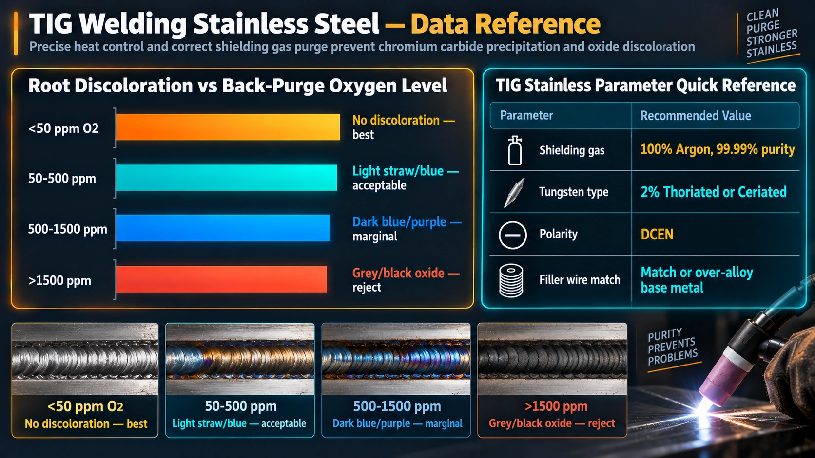 Root discoloration versus back-purge oxygen level chart for TIG welding stainless steel