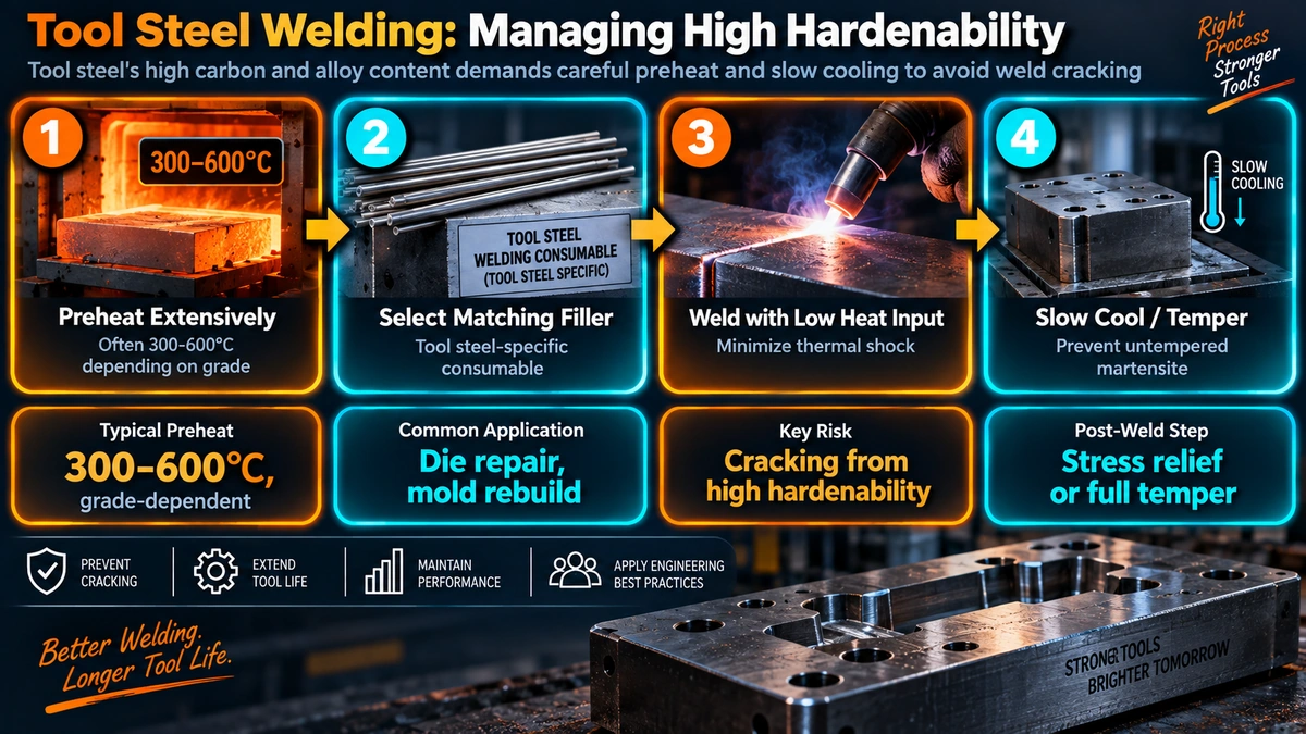 Tool steel welding process for managing high hardenability