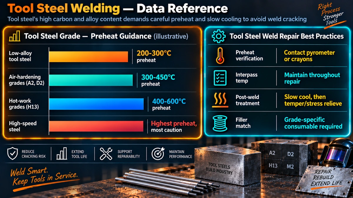 Tool steel grade preheat guidance and weld repair best practices