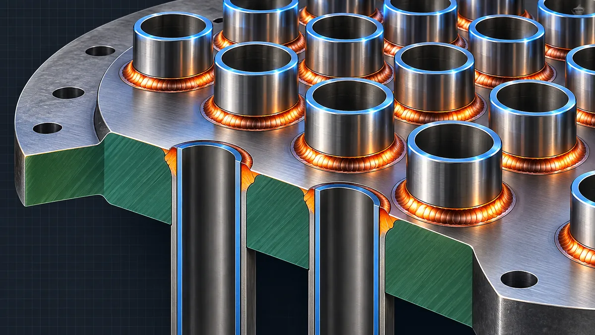 Overview illustration of tube-to-tubesheet welding showing a heat exchanger tubesheet with tube ends welded in a pitched pattern