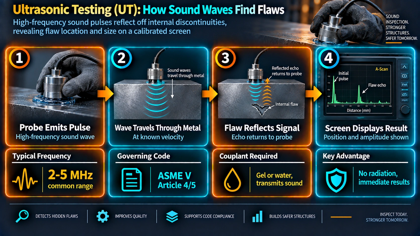 Ultrasonic testing process showing how sound waves detect internal flaws