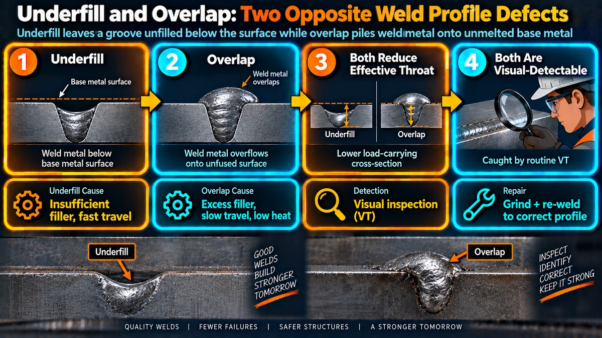 Underfill and overlap weld profile defects illustrated