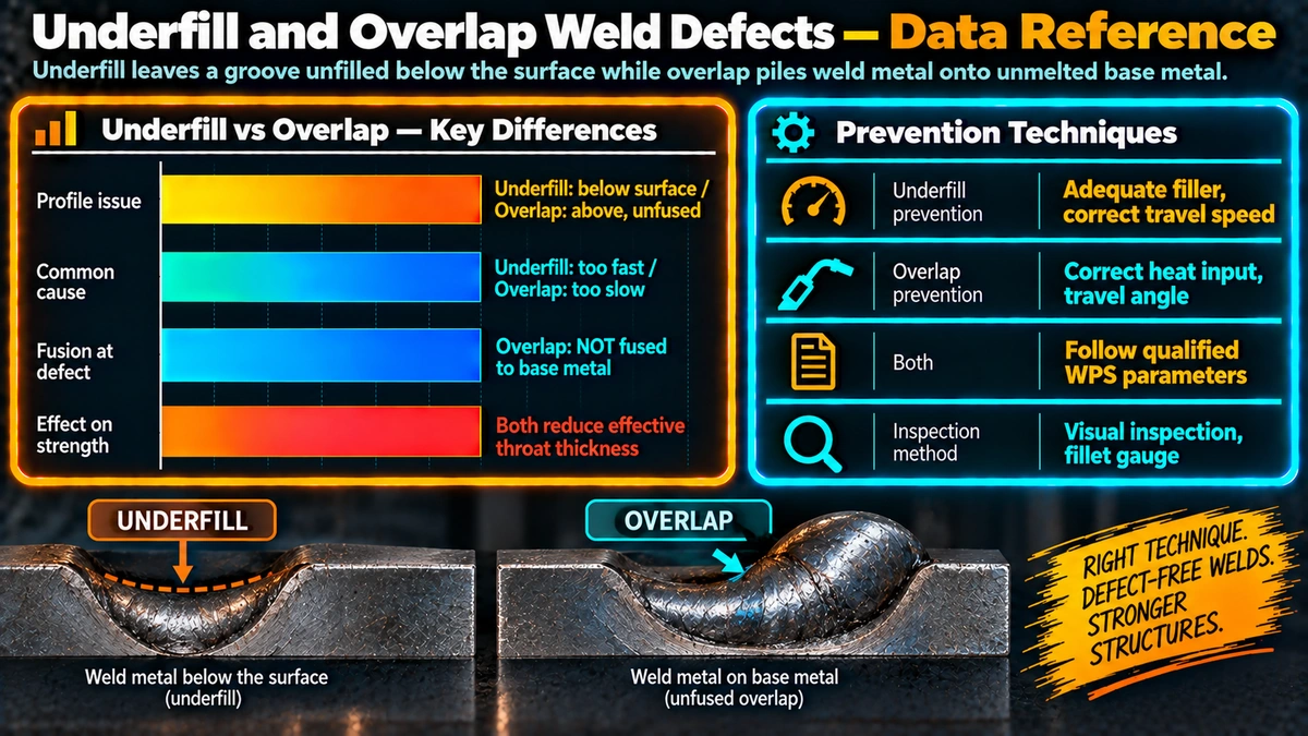 Underfill versus overlap defect comparison and prevention techniques