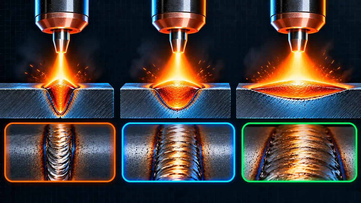 Overview diagram comparing narrow, correct, and hat-shaped weld bead profiles at low, medium, and high arc voltage