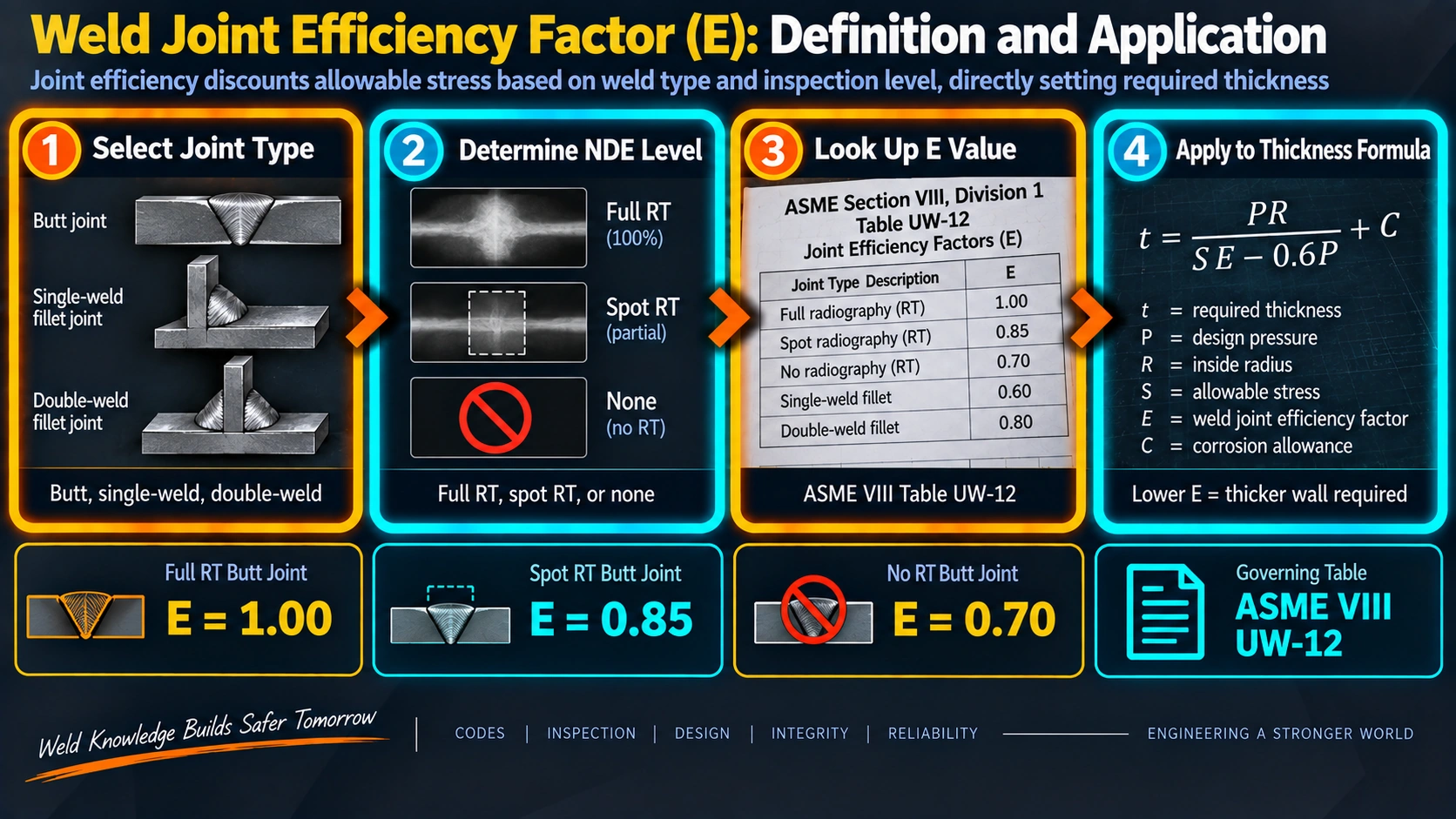Weld joint efficiency factor determination process from joint type to thickness calculation