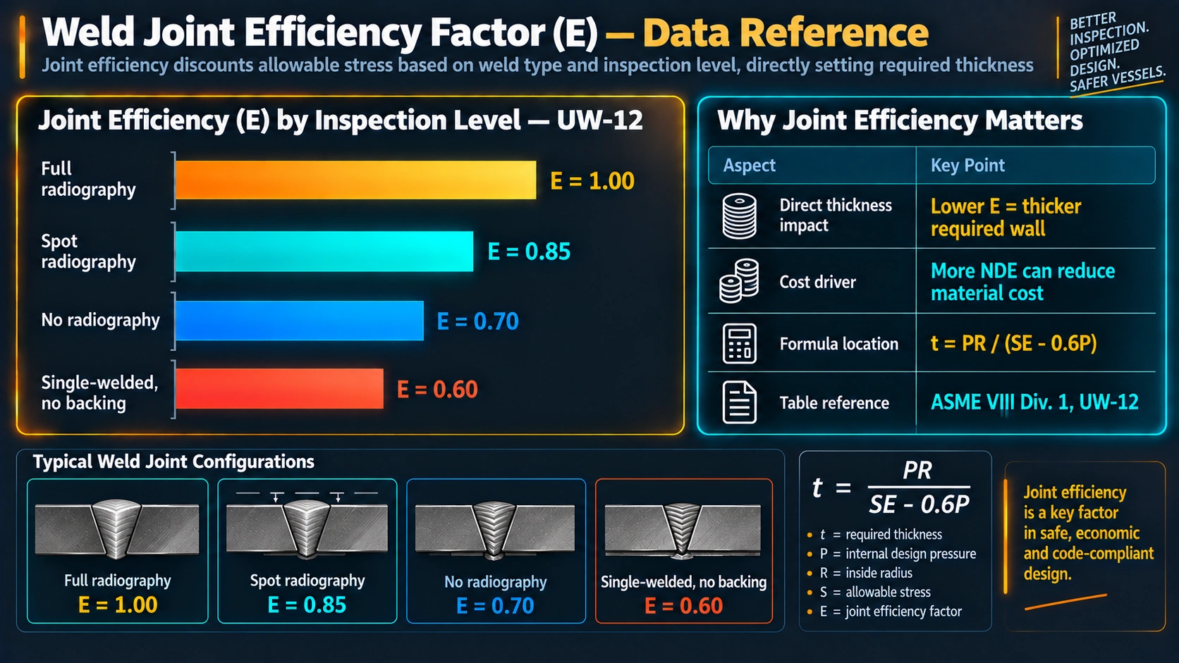 ASME Section VIII joint efficiency factor E values by inspection level per UW-12