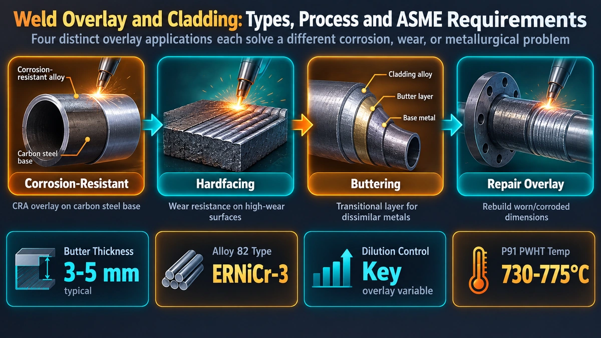 Four types of weld overlay: corrosion-resistant, hardfacing, buttering, and repair overlay