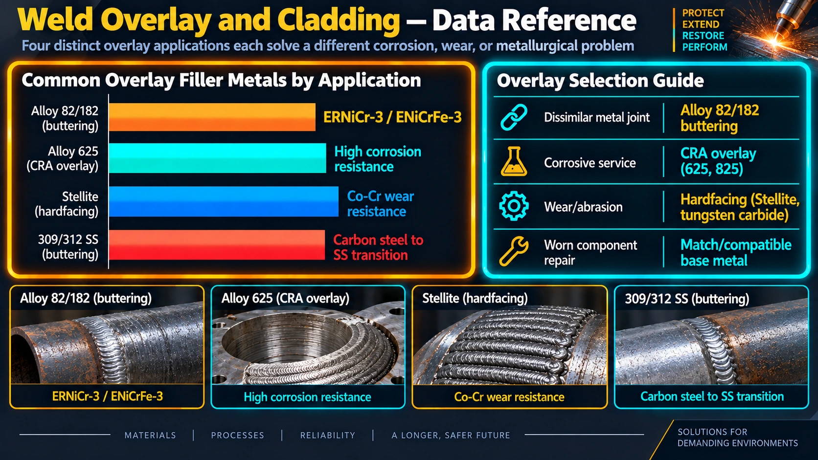 Common weld overlay filler metals by application: Alloy 82/182, Alloy 625, Stellite, 309/312 stainless
