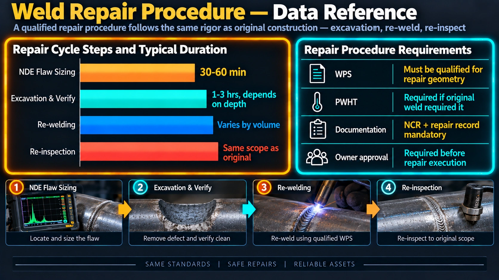 Weld repair procedure workflow: defect identification, excavation, verification, re-weld, re-inspection