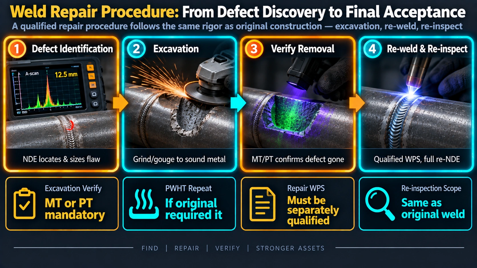 Weld repair procedure requirements: qualified WPS, PWHT, documentation, owner approval