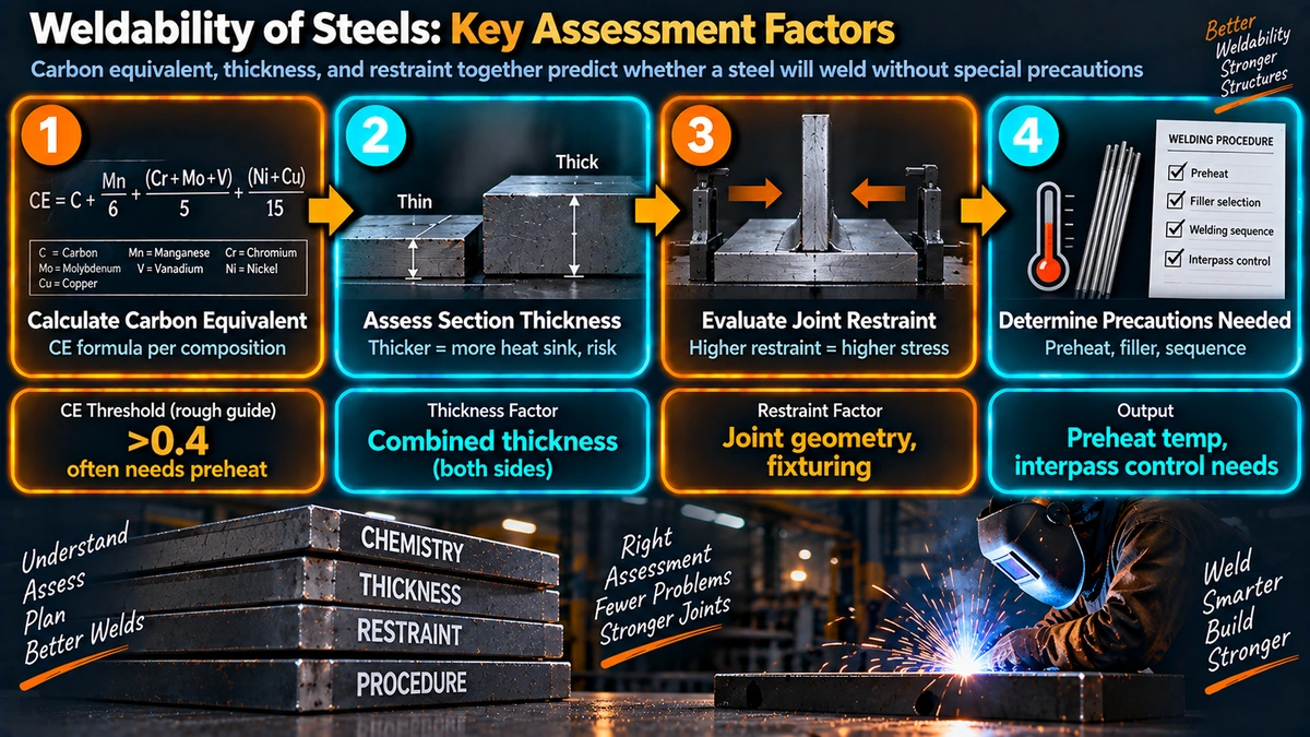 Steel weldability assessment process using carbon equivalent and restraint