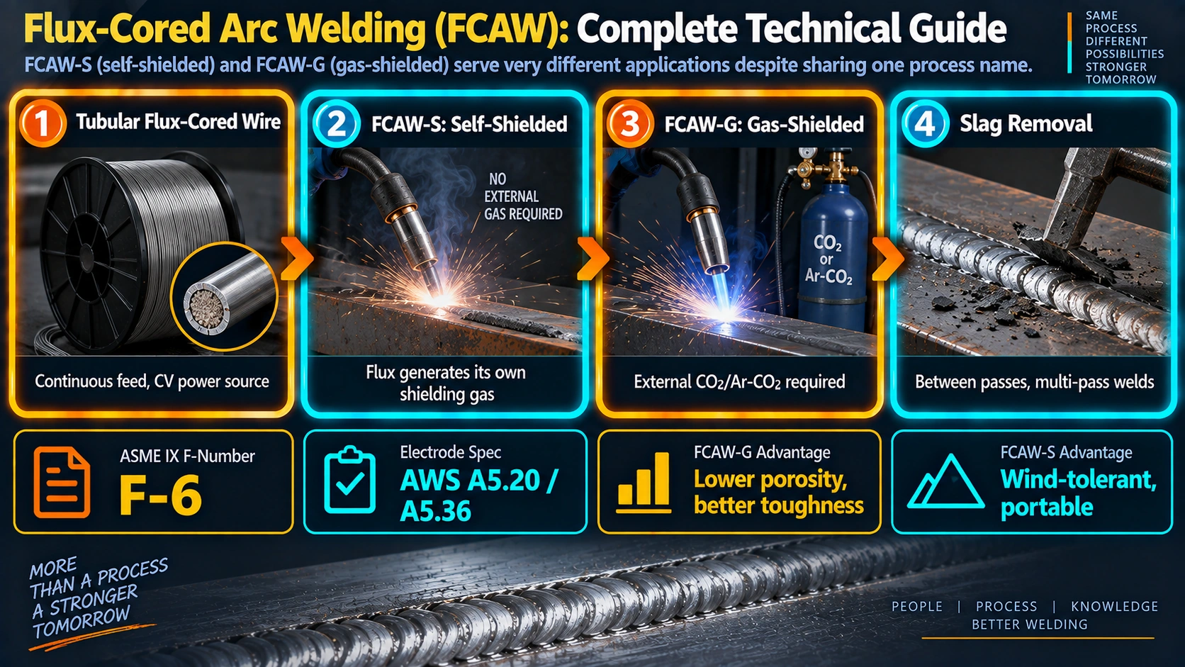 Flux cored arc welding process showing self-shielded and gas-shielded sub-processes