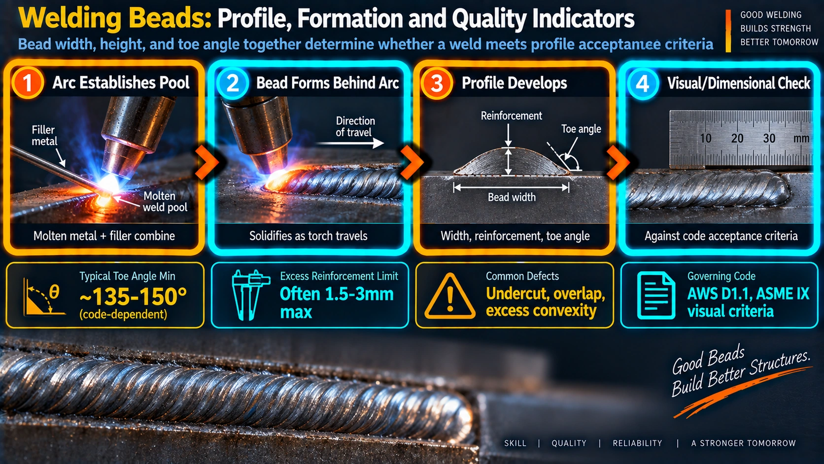 Welding bead formation process and profile quality indicators