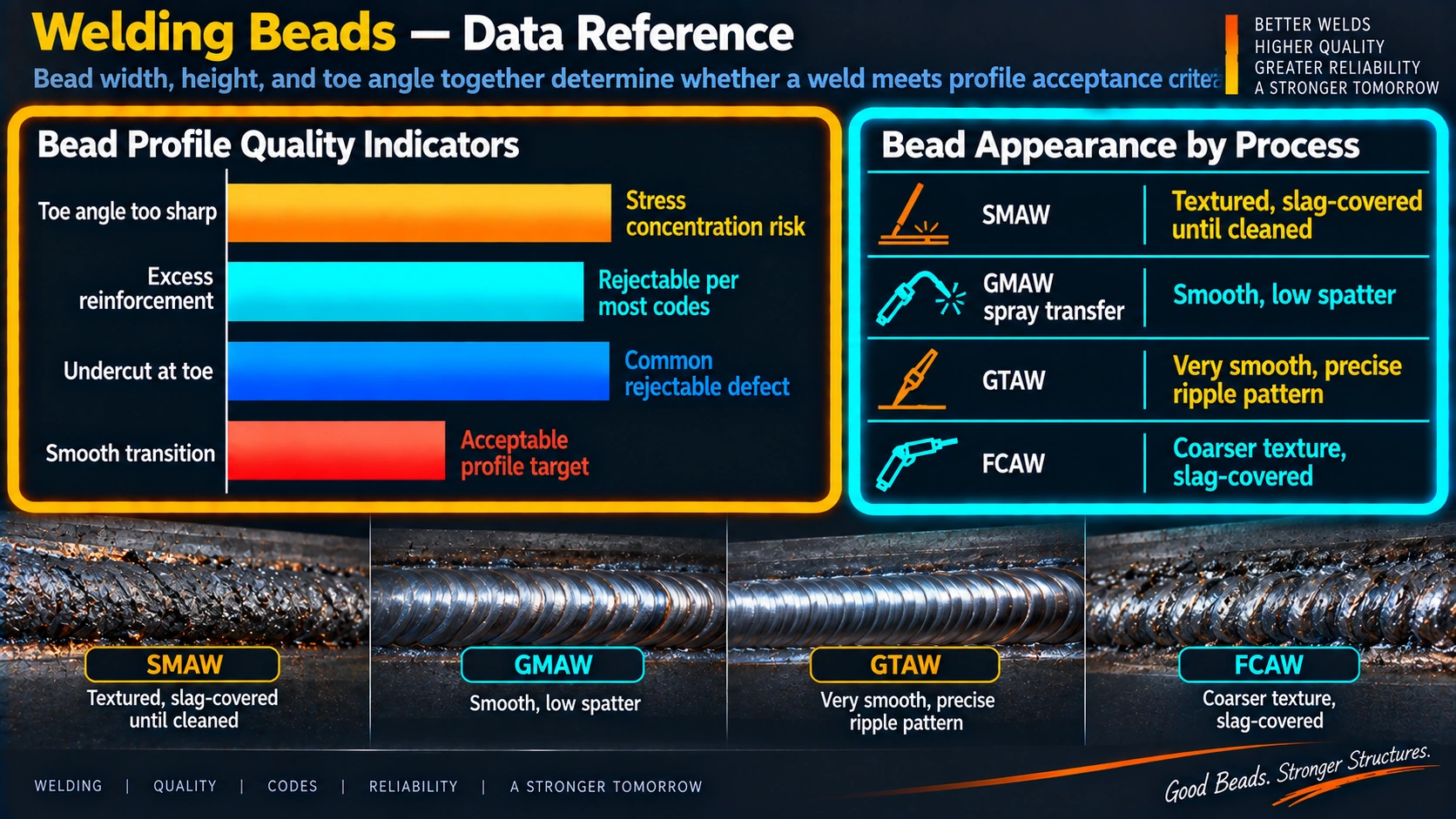 Weld bead profile quality indicators and typical appearance by welding process
