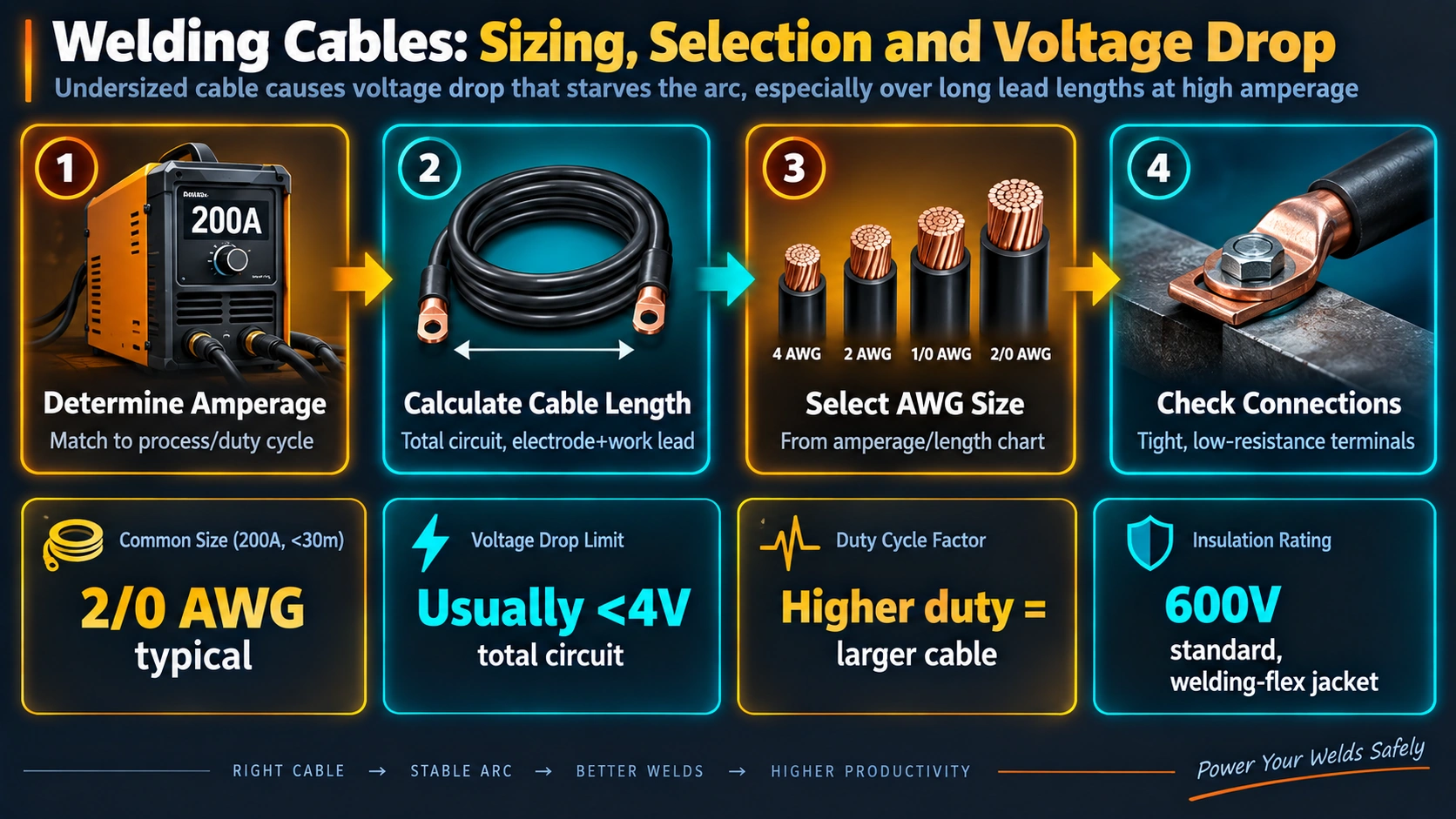 Welding cable sizing process from amperage determination to connection check