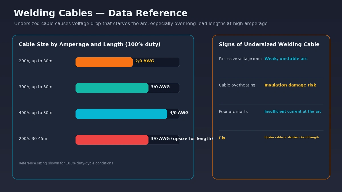 Welding cable size chart by amperage and length, and signs of undersized cable
