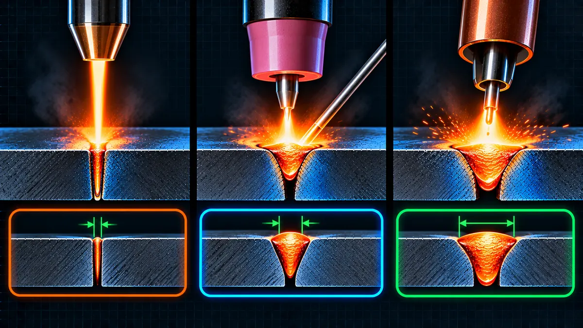 Technical illustration comparing DCEP and DCEN polarity penetration profiles at the same welding current