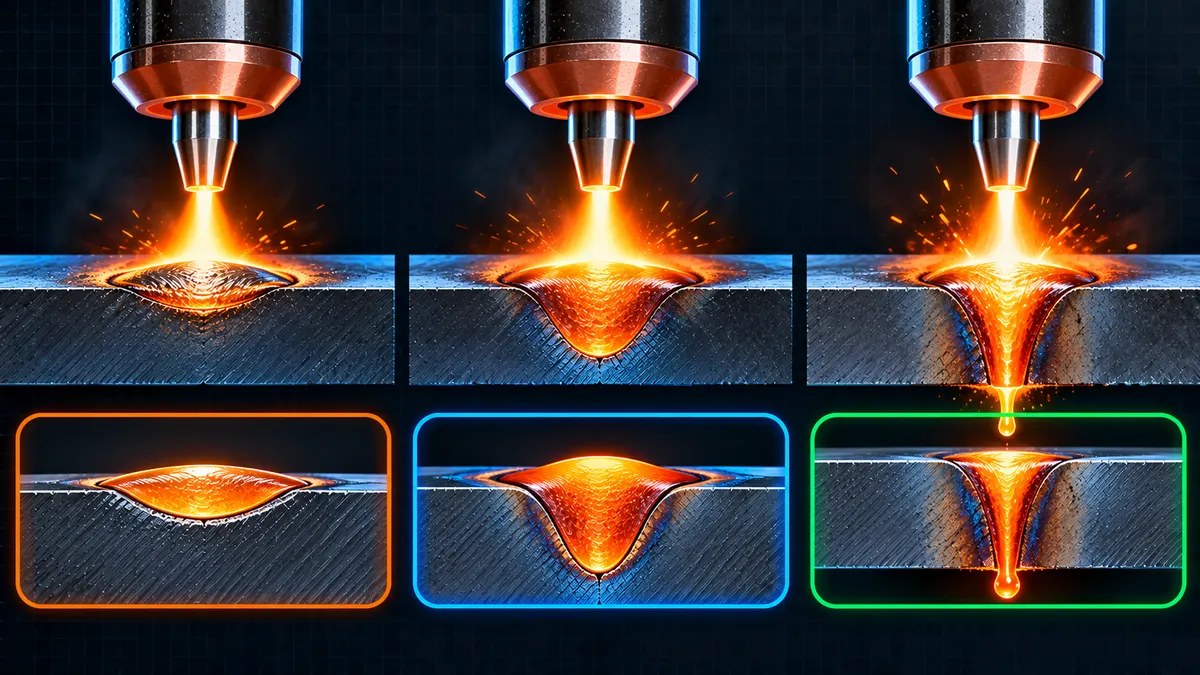 Overview diagram comparing shallow, correct, and excessive weld penetration profiles at low, medium, and high welding current