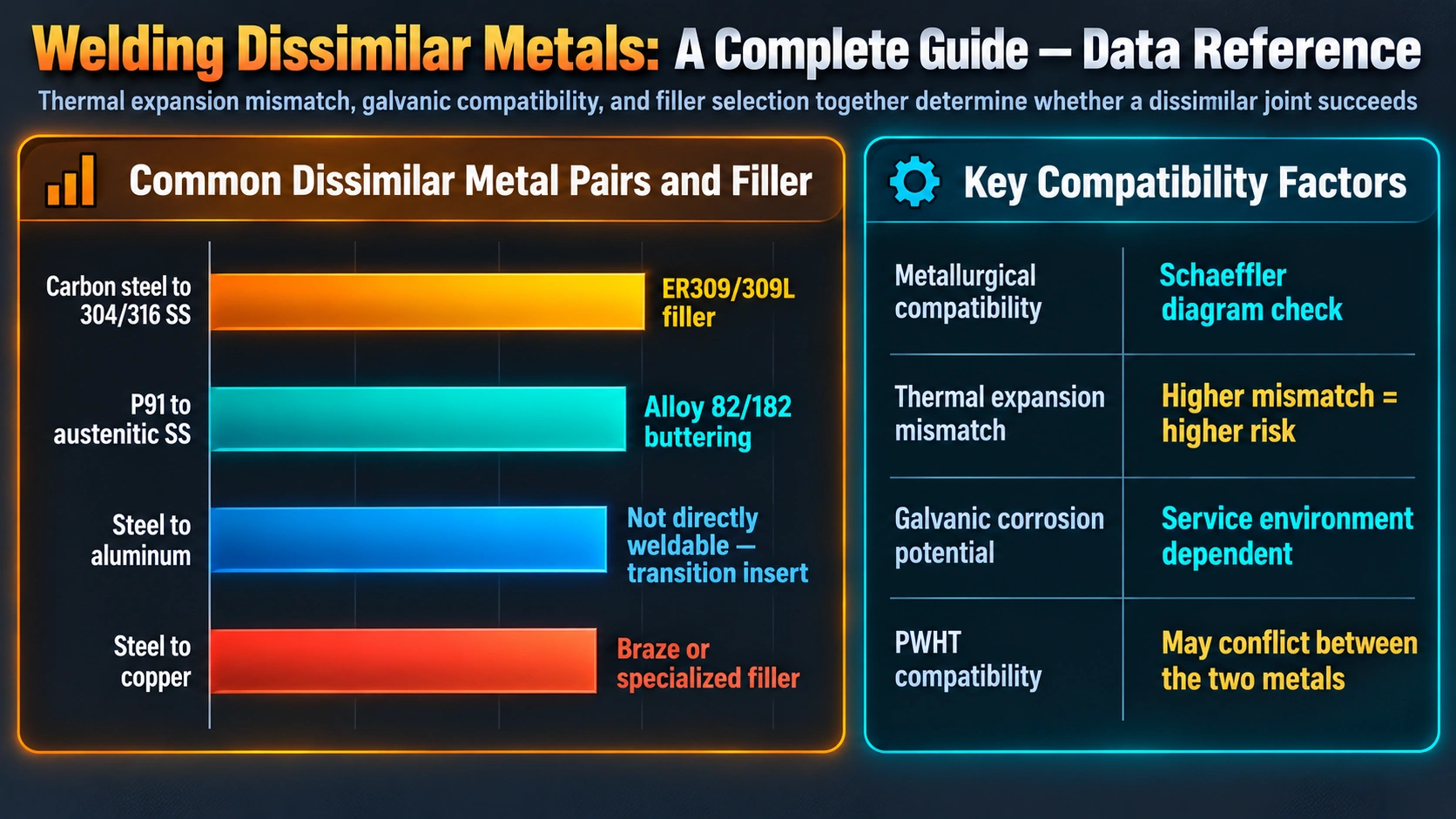 Common dissimilar metal pairs and filler selection and compatibility factors