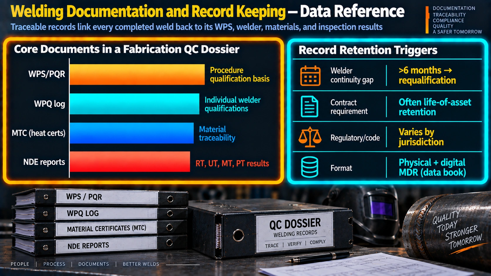 Core documents in a welding fabrication QC dossier and record retention triggers