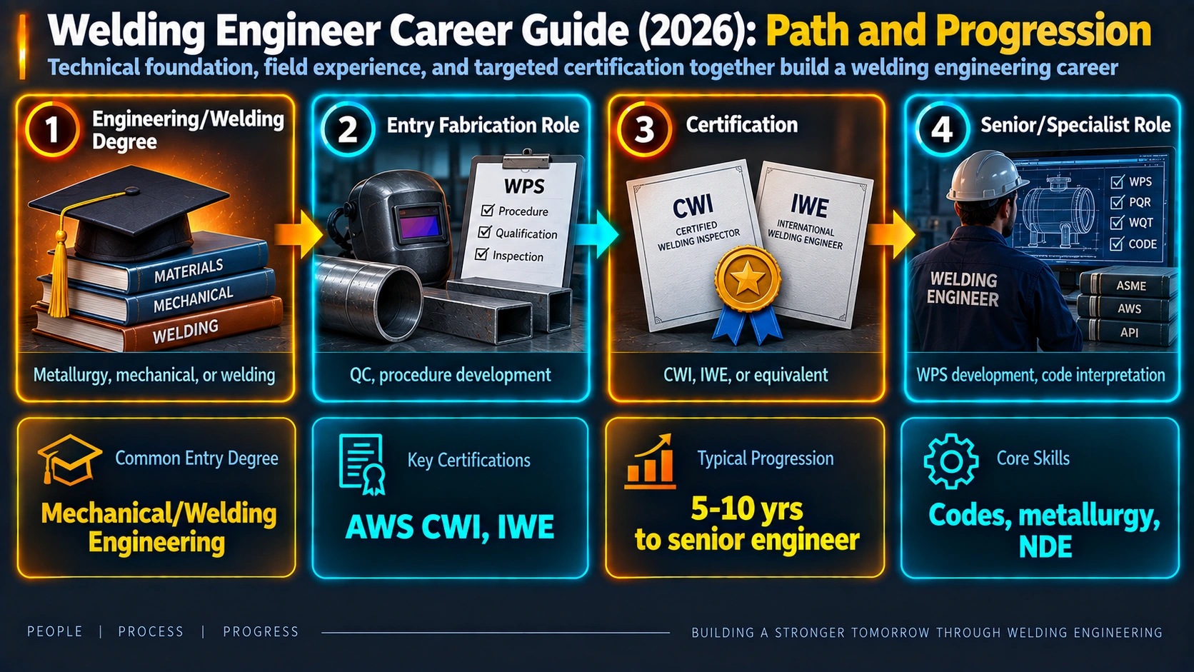 Welding engineer career path from degree through certification to senior engineering roles