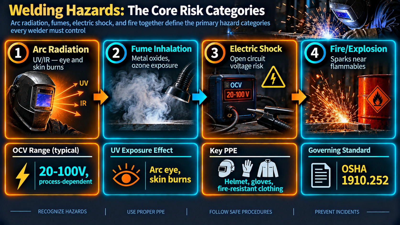 Core welding hazard categories: arc radiation, fume inhalation, electric shock, and fire