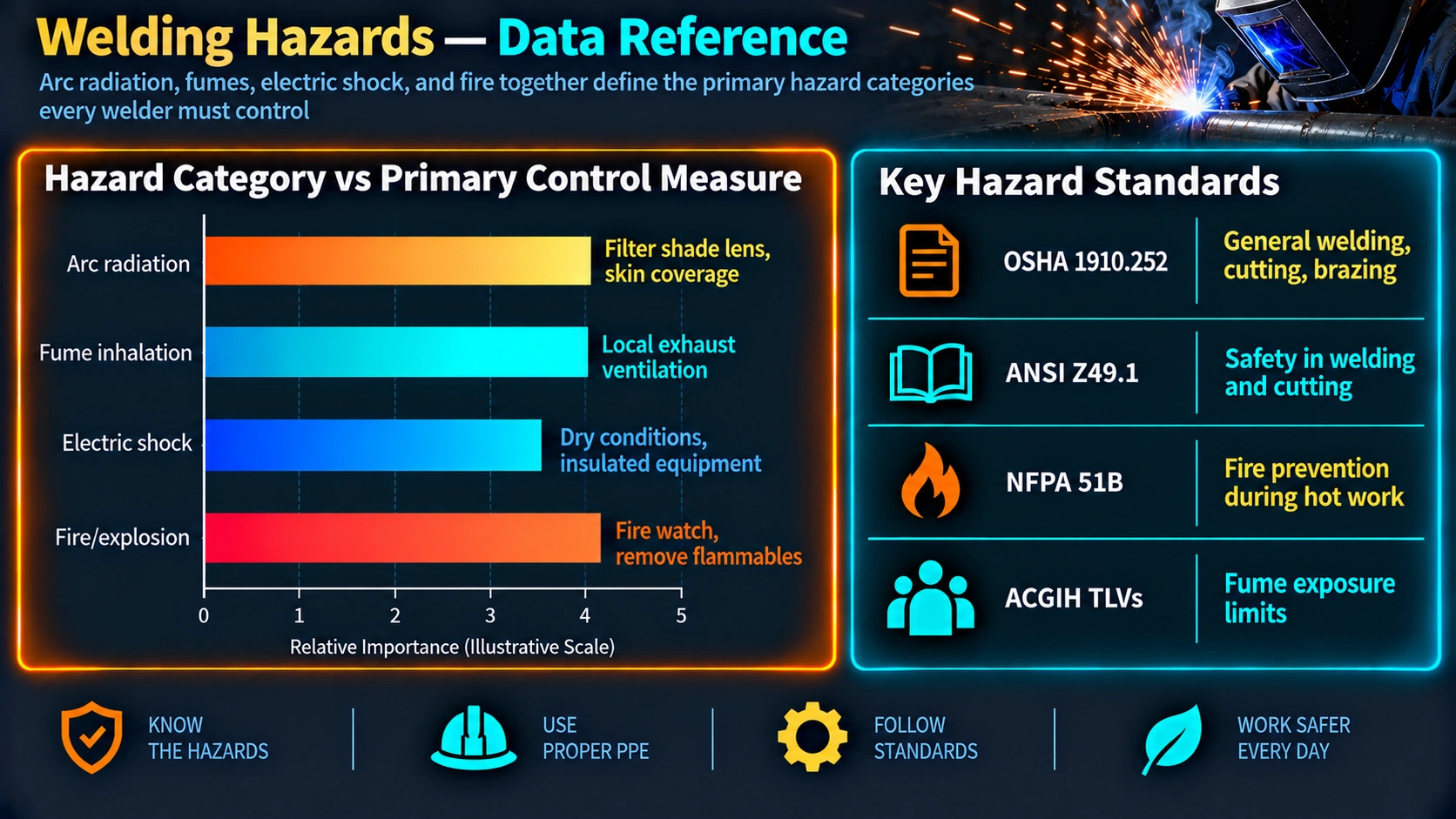 Welding hazard category versus primary control measure and key safety standards