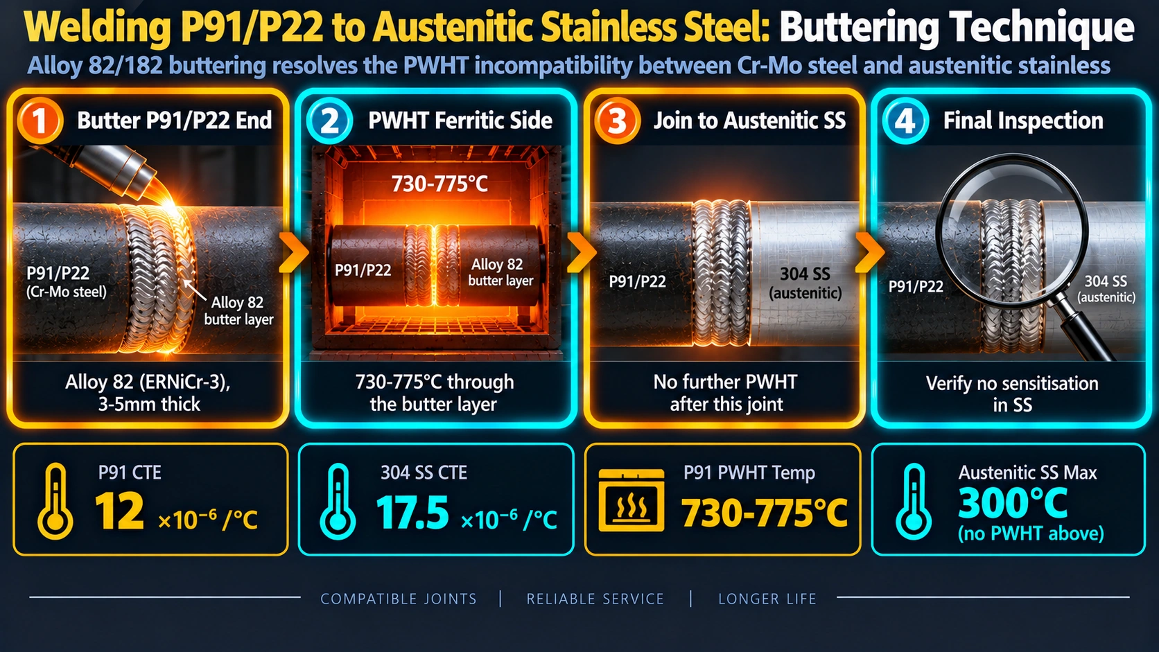 Alloy 82/182 buttering procedure for welding P91 or P22 to austenitic stainless steel