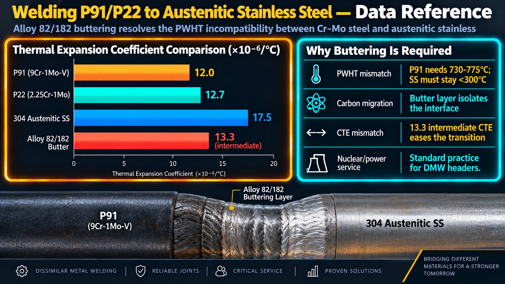 Thermal expansion coefficient comparison: P91, P22, 304 stainless steel, and Alloy 82/182