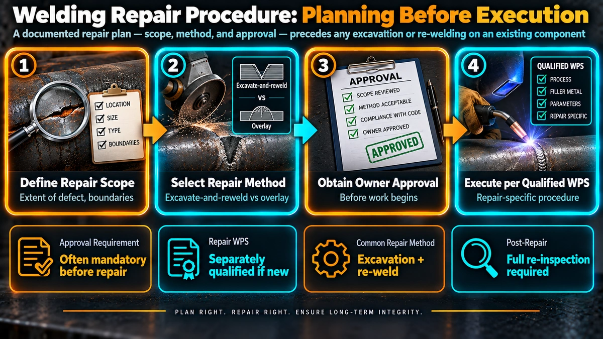 Welding repair procedure planning process before execution