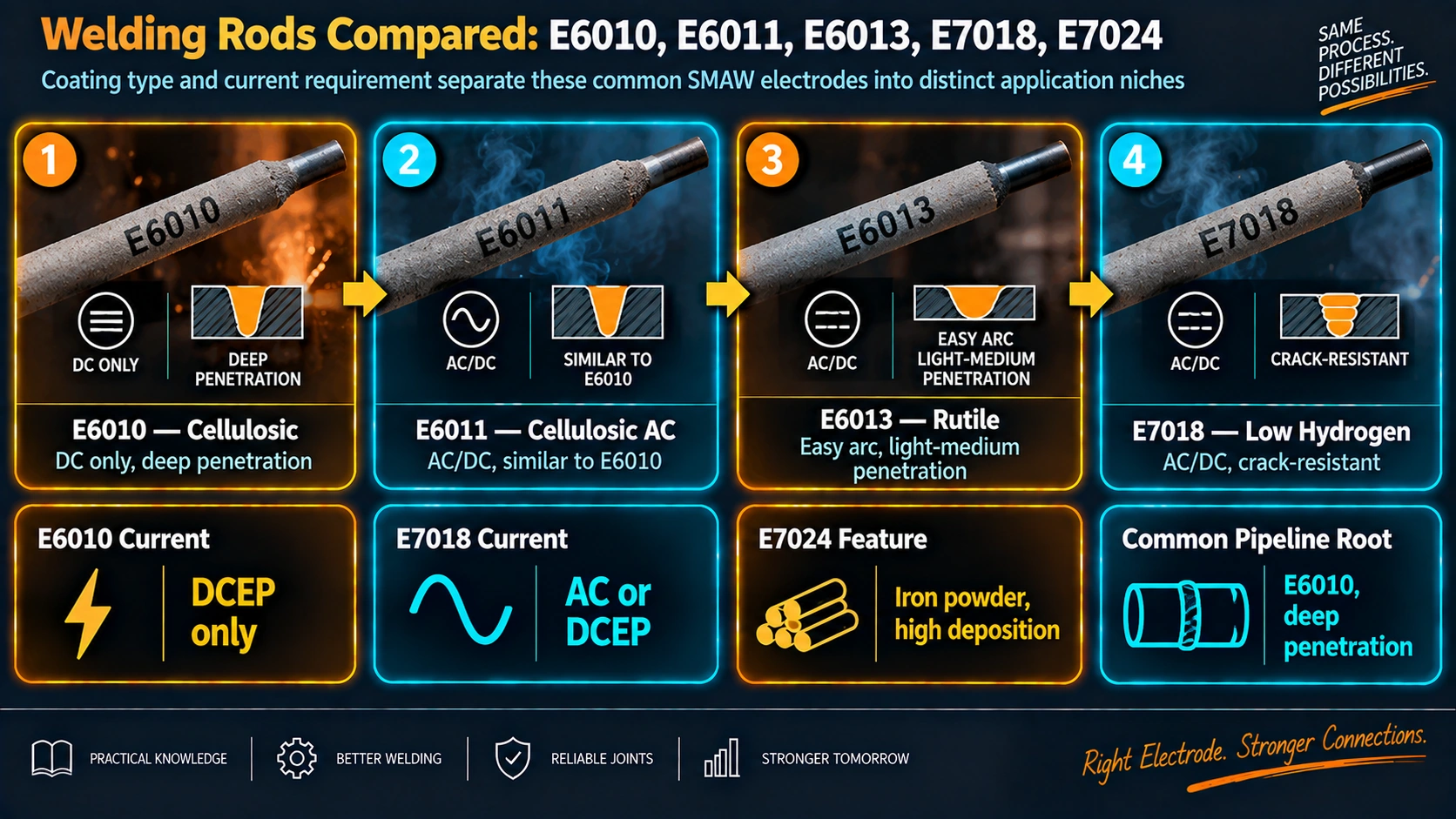 Common SMAW welding rod comparison: E6010, E6011, E6013, E7018