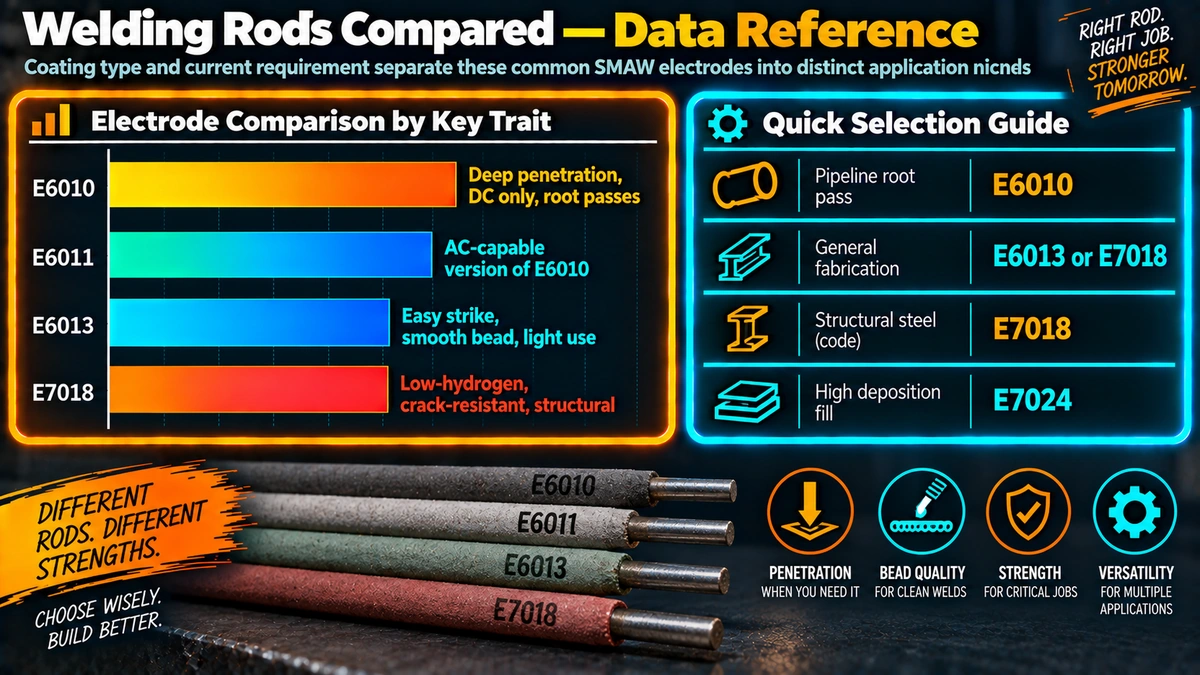 Welding electrode comparison by key trait and quick selection guide