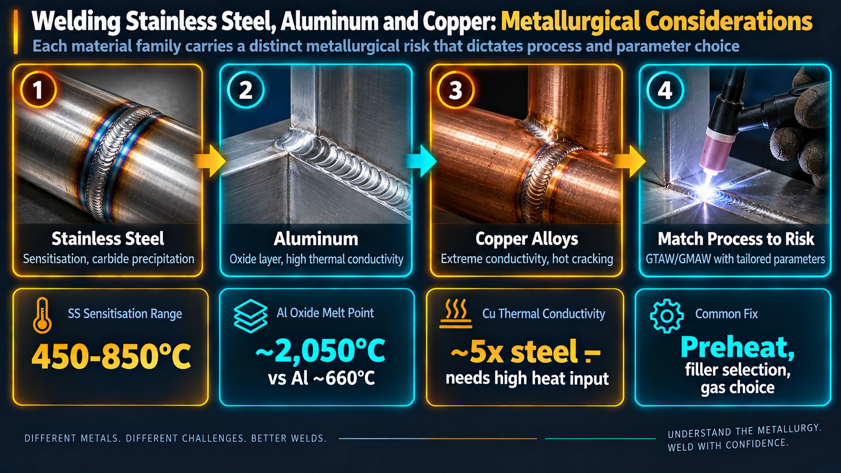 Metallurgical risk considerations when welding stainless steel, aluminum, and copper alloys