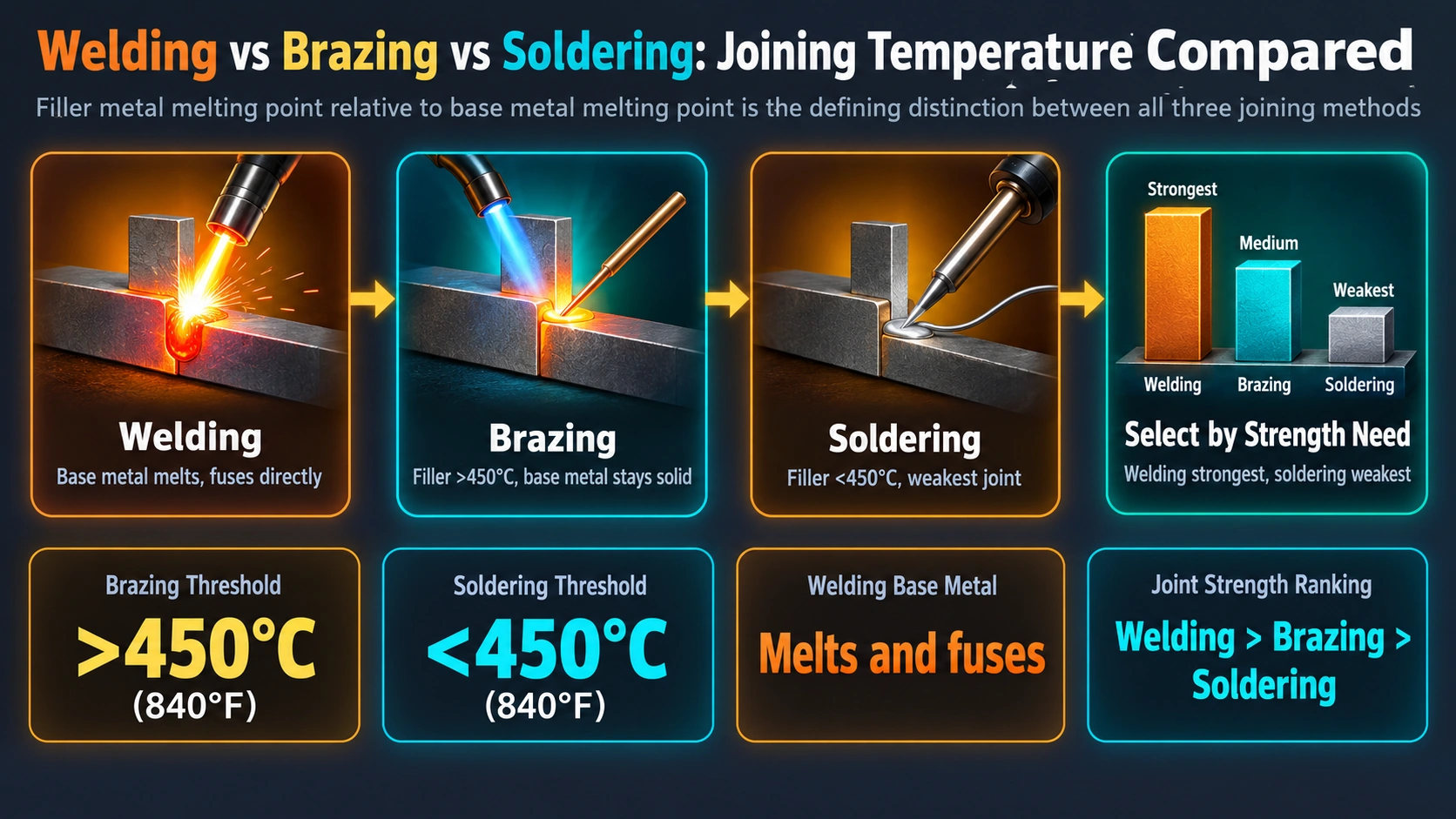 Welding versus brazing versus soldering joining temperature comparison