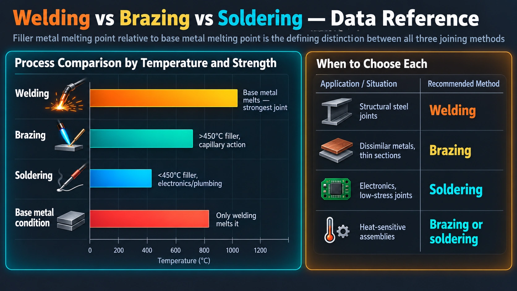 Welding brazing soldering process comparison by temperature and strength