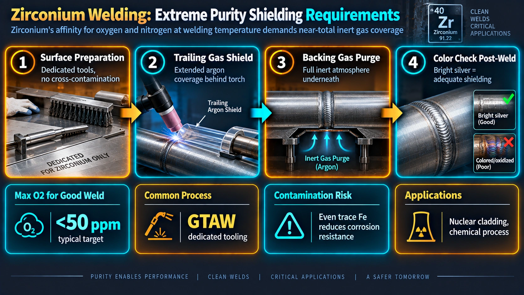 Zirconium welding shielding gas requirements to prevent oxygen contamination