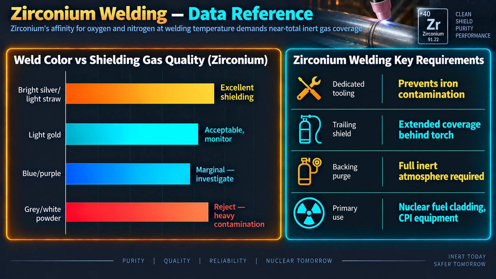 Zirconium weld color versus shielding gas quality reference chart