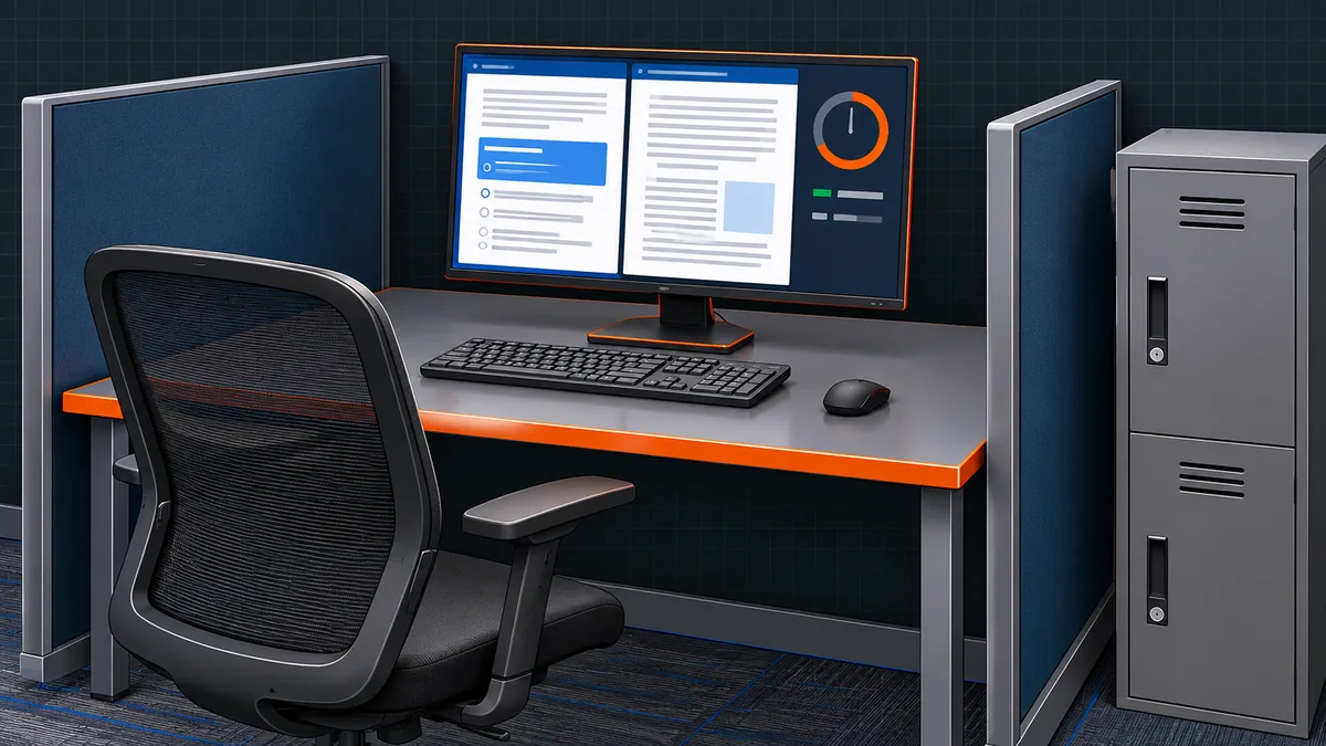 Computer-based testing workstation for the API 570 exam with a monitor showing code documents and a countdown timer