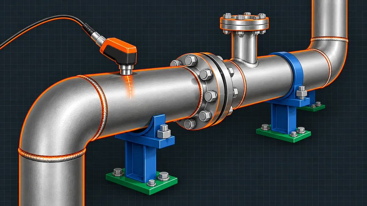 API 570 certification concept: process piping with elbows and flanges and an ultrasonic thickness probe on the pipe wall