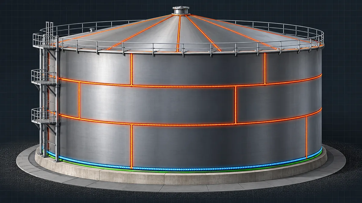 API 650 tank welding overview: vertical welded steel storage tank with shell courses, weld seams and a cone roof