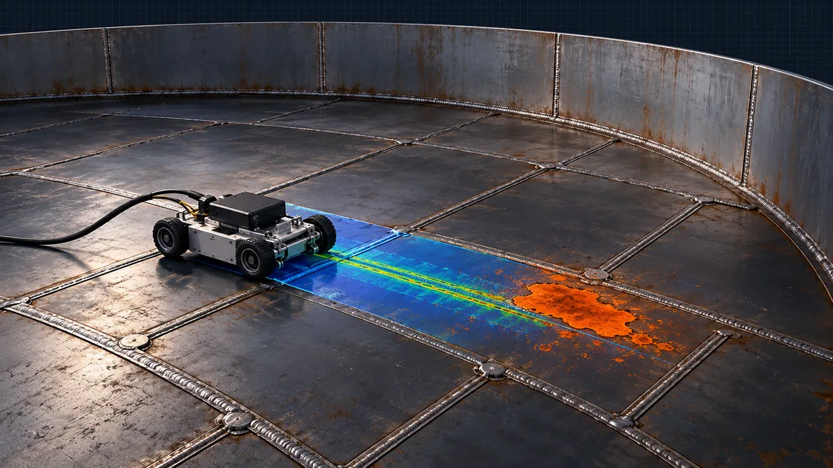 Tank bottom inspection for API 653 with a floor scanner crossing lap-welded plates and a highlighted corrosion area