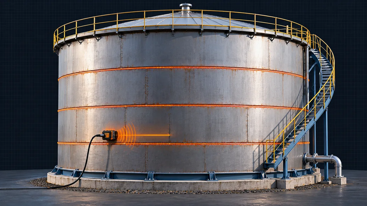 API 653 certification concept: vertical aboveground storage tank with shell courses and a thickness probe on the shell