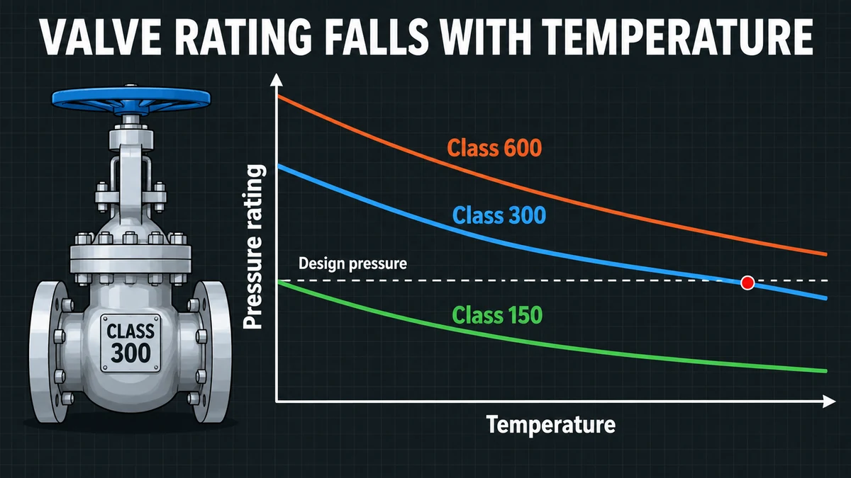 Chart showing ASME B16.34 valve rating falling with temperature for Class 150, Class 300 and Class 600 valves