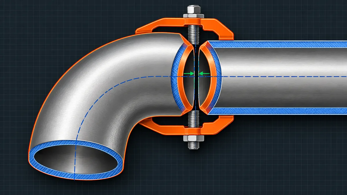 Beveled long radius elbow aligned to a pipe end with root gap and clamp ready for butt weld fit-up